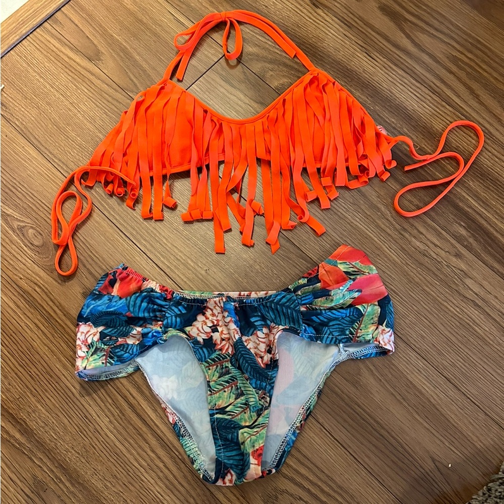 Orange Fringe Bikini Top with Floral Bottoms